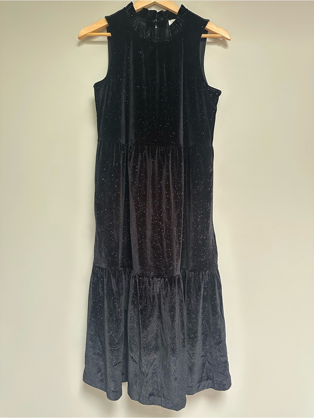 J.Crew Black Velvet Sparkle Tiered Midi Dress‎ NWT Gold Fleck Sleeveless 8